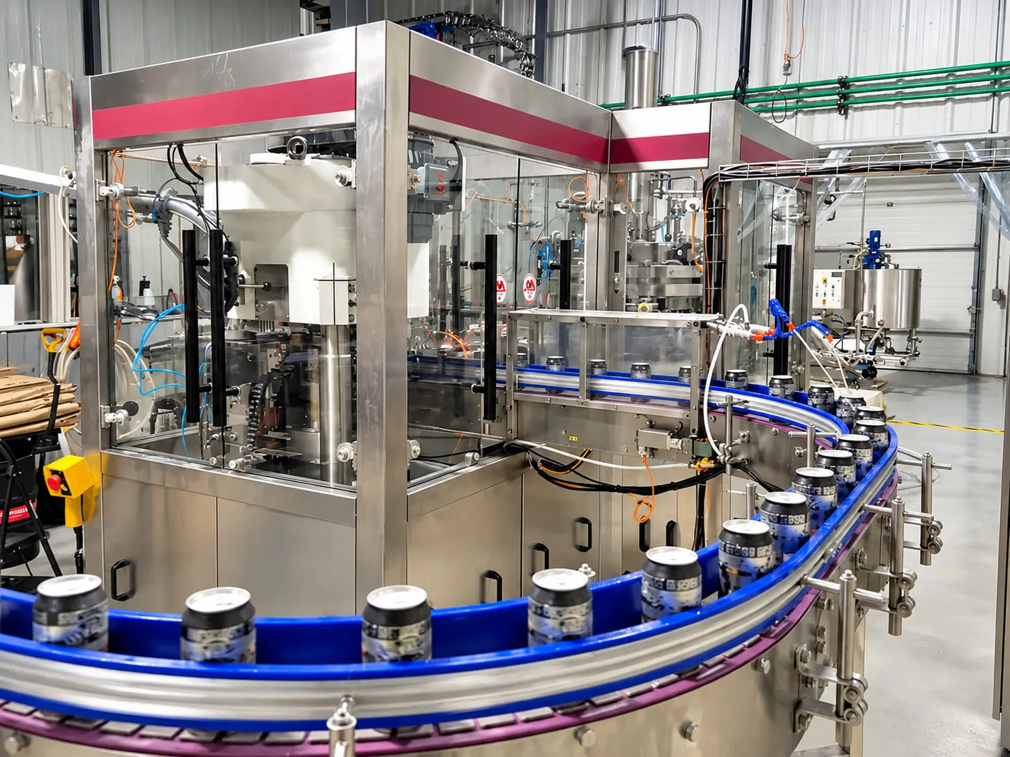 Can filling line with aluminum cans in the Angel workshop