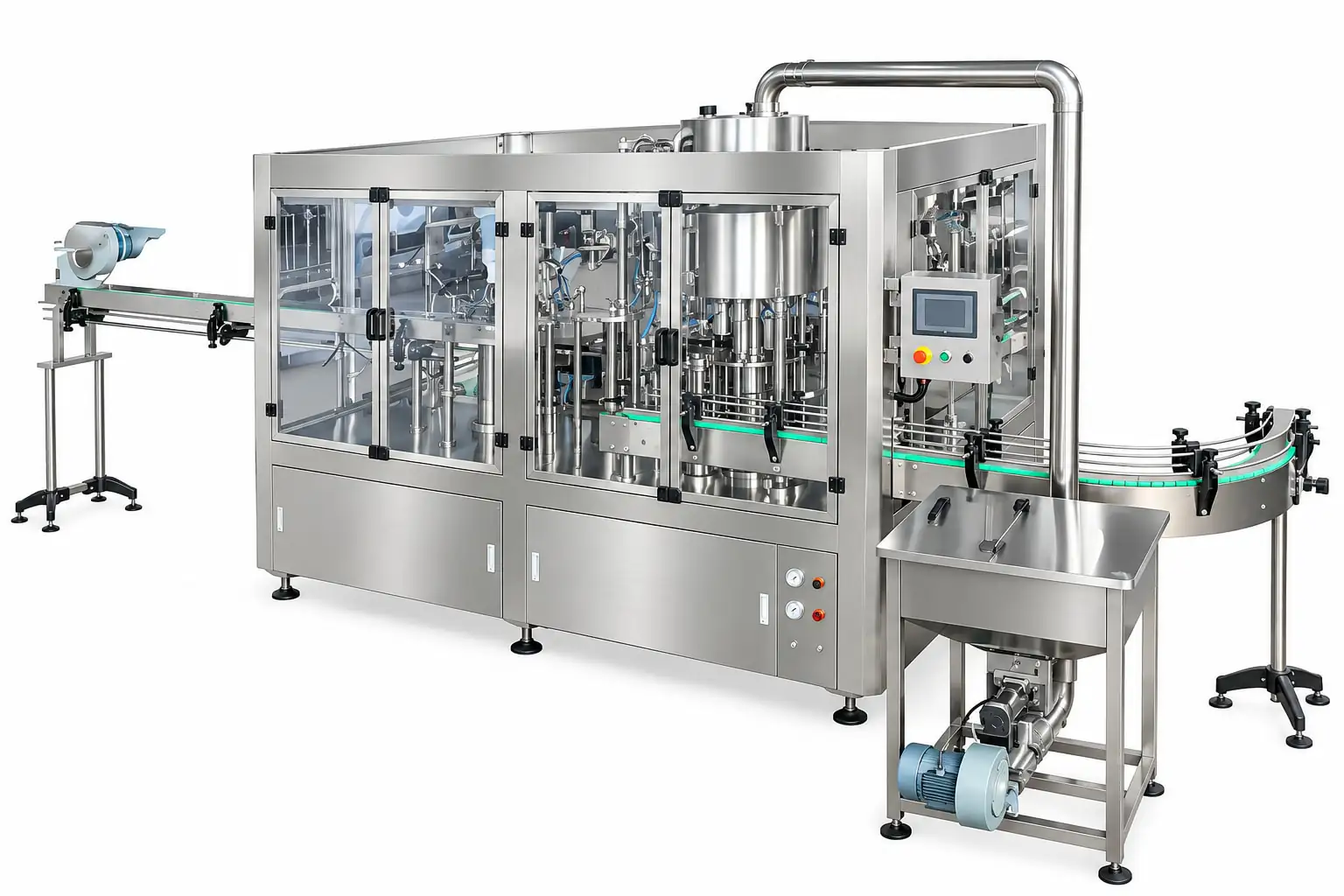 Milk bottle rinsing, filling and capping machine with conveyor