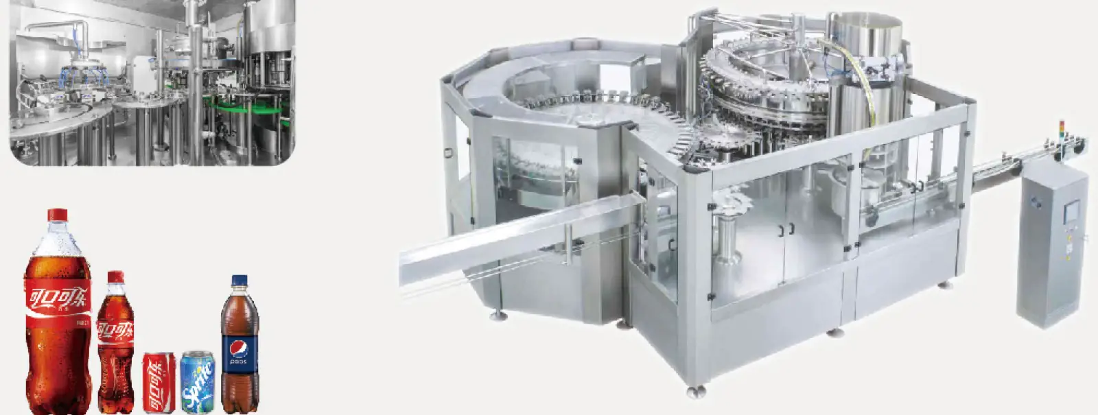 DCGF carbonated drink filling machine with filling turret detail and bottled soft drinks