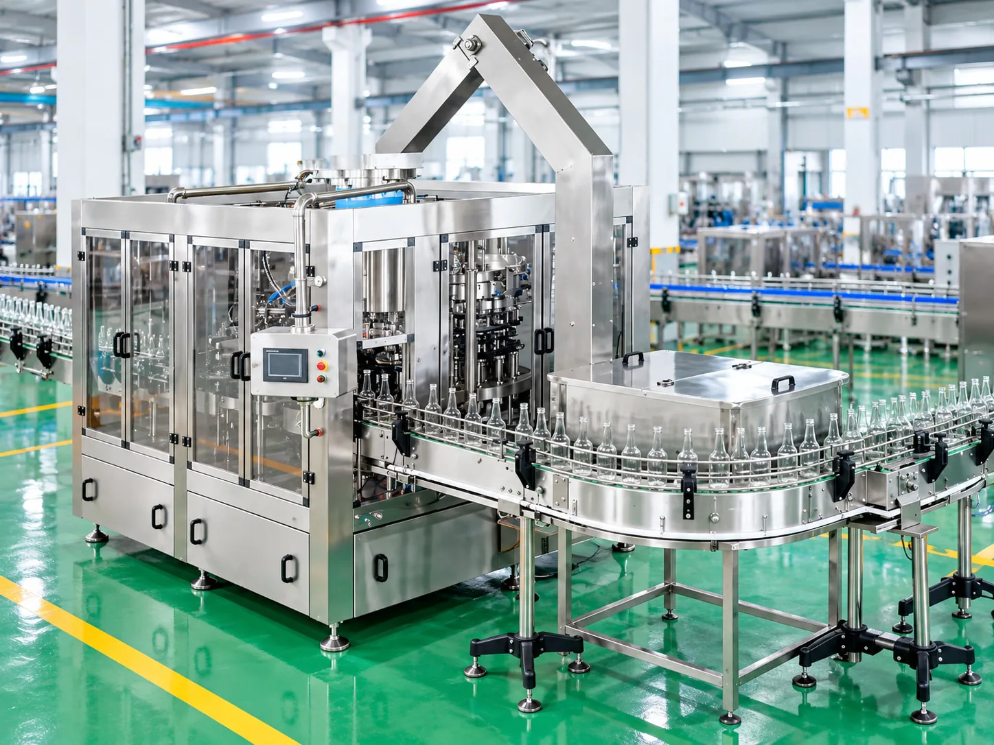 Glass bottle rinsing, filling and capping machine with bottle conveyor