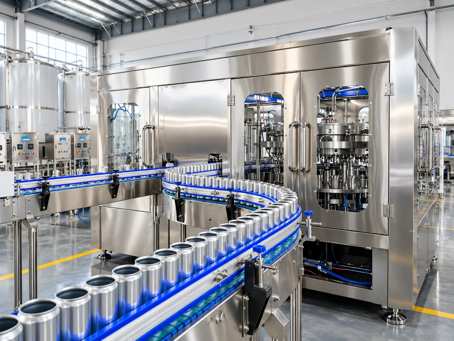 Beer can filling line with aluminum cans on the conveyor